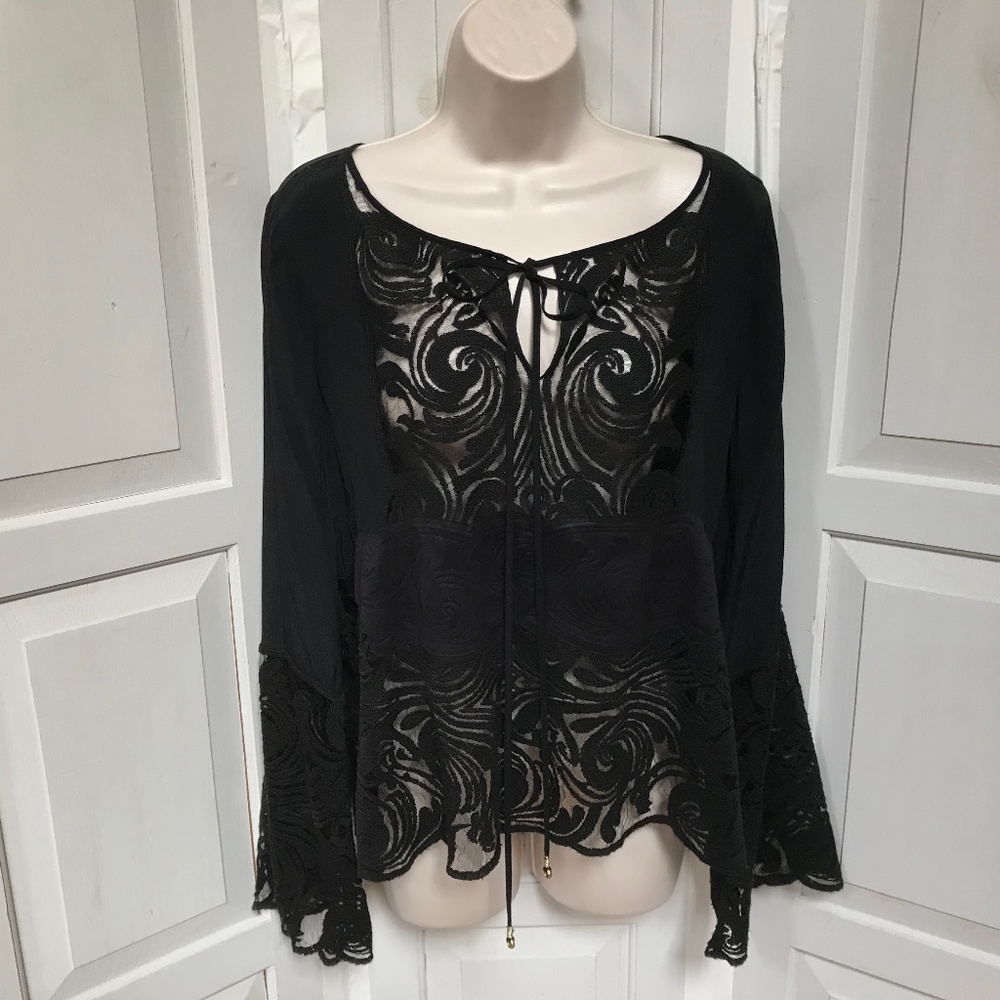 Liberty Garden Elegant Black Blouse w/ Sheer Lace Detail